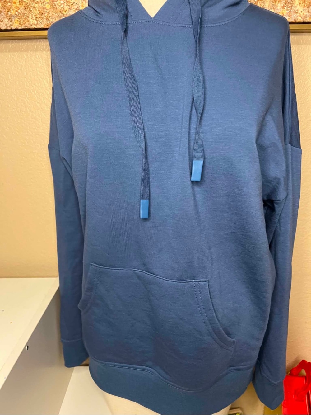 Slate Blue Pullover Hoodie Drop Shoulder Sweatshirt Kangaroo Pocket Cozy Knit
